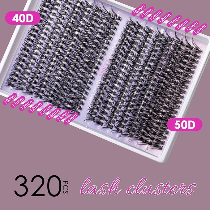 OCEAN PEARL 40D 50D Lash Clusters Lash Extension Kit 320 Pcs Thick Eyelashes Natural Lashes Clusters 10-16mm Eyelash Extensions Kit Individual Lashes with Bond and Seal Tweezers DIY Eyelash Extension