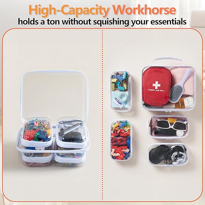 5PCS Travel Essentials for Toiletries with Handles, 1.2MM Thick Clear Hard Shell Zipper Case, Durable Makeup Bag for Cosmetics, Puzzles and Snacks, Clear Travel Bag for Diaper Bag Organizer