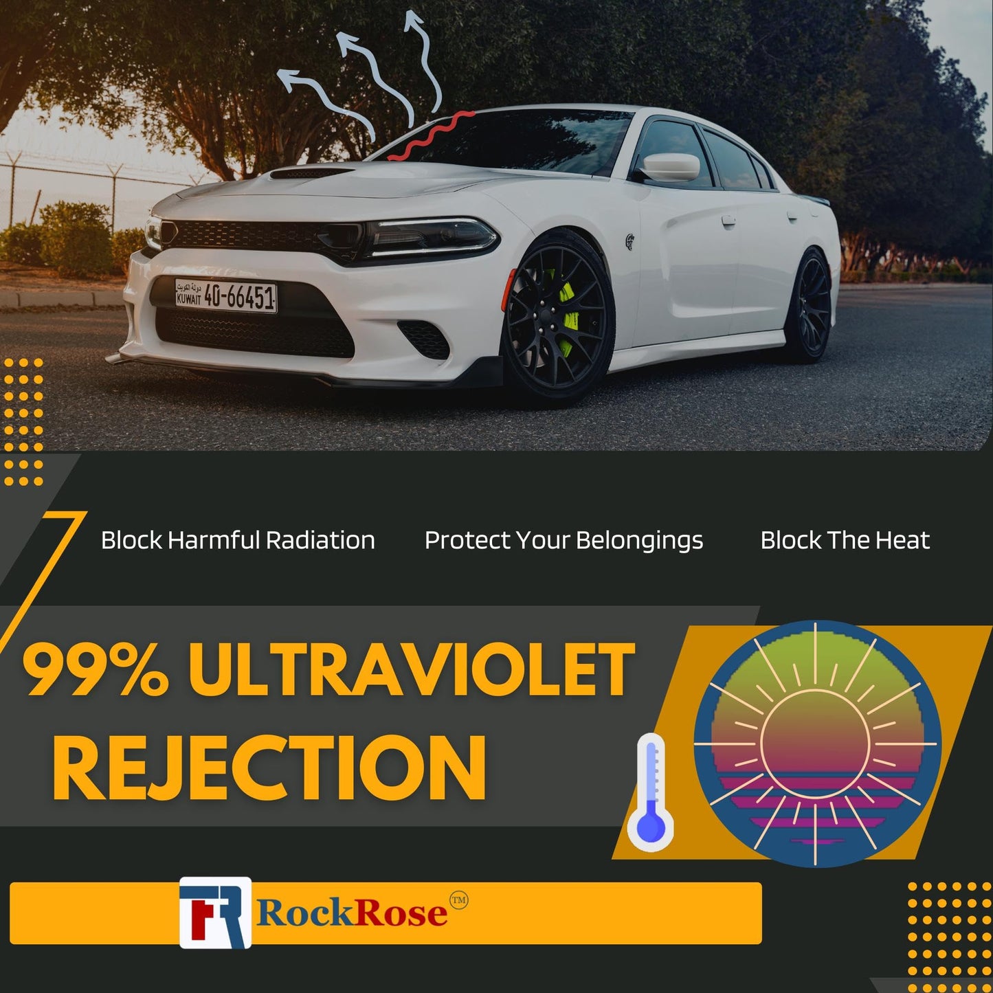 RockRose 75% Nano Ceramic Car Window Tint 20 in x 10FT 2PLY Privacy Film Heat Block, 99% UVR, and 85% IRR Block for Auto or Home Strong Adhesive, Easy Shrink, Plotter Friendly - Charcoal