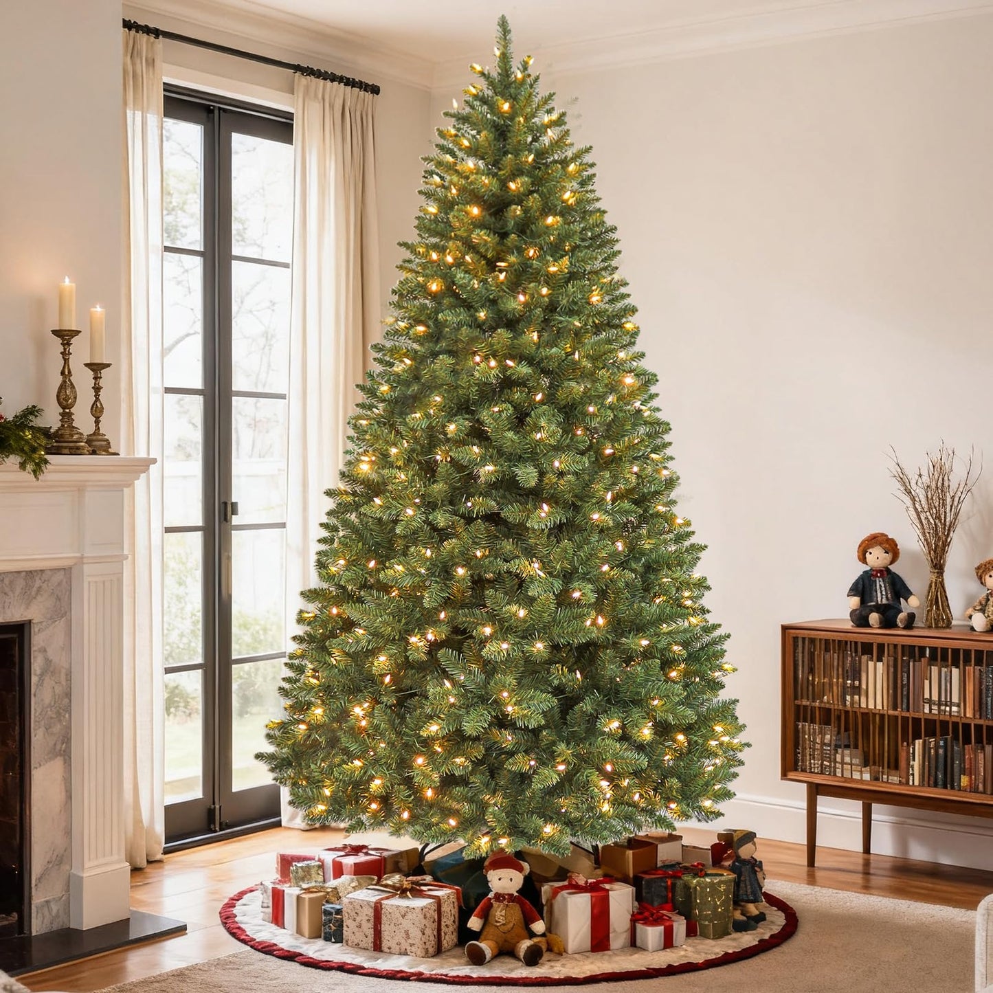 Hykolity 7.5 ft Prelit Christmas Tree, Artificial Christmas Tree with 450 Warm White Lights, 1450 Branch Tips, Metal Stand and Hinged Branches