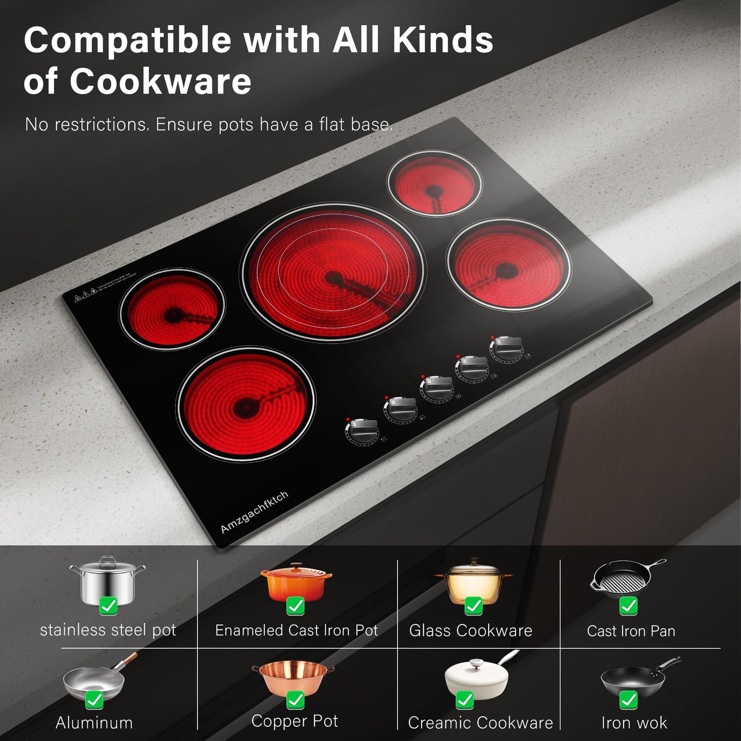 30 Inch Built-in Electric Cooktop with Expandable Triple Ring Burners, 5 Burner 9000W Ceramic Stove Top - Easy Knob Controls & Residual Heat Indicator (220-240V Hardwired)