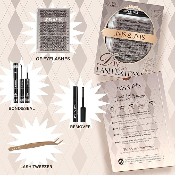 JMS&JMS Lash Clusters Kit D Curl Lash Lift Kit Wispy Natural Lash Clusters with Lash Bond and Seal Eyelash Applictor Lash Remover Lash Extension Kit for Beginner (8-18mix)