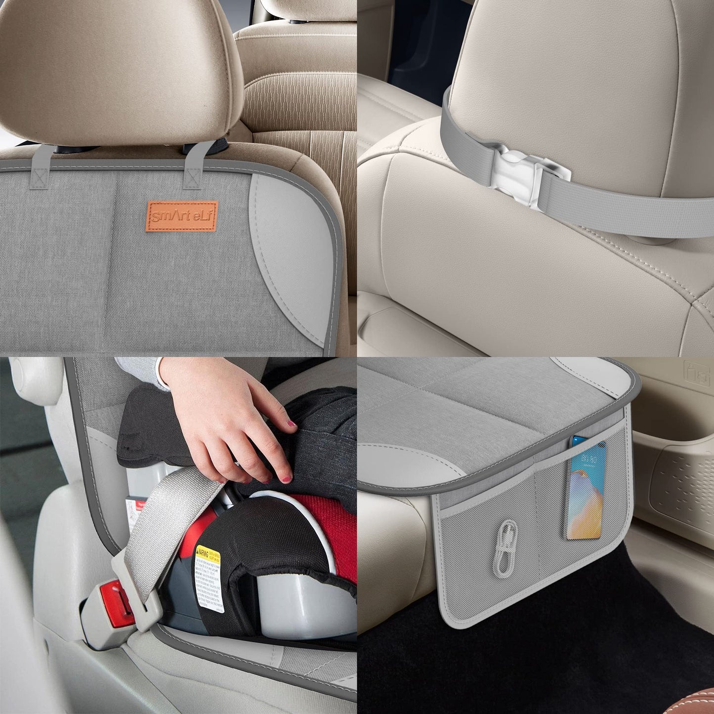 SMART ELF2 Pack Car Seat Protector-600D Fabric Waterproof Carseat Protector with Thicily Padded to Protect Your Car Seats from Child Seats and Pets (Light Grey)