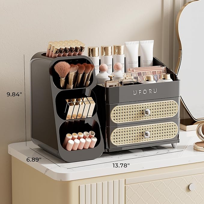 Makeup Organizer for Vanity with Brush Holder, Countertop Skincare Organizer with 2 Drawers, Spacious Cosmetic Display Case for Perfumes, Eyeshadow Palettes, Nail Polishes, Black
