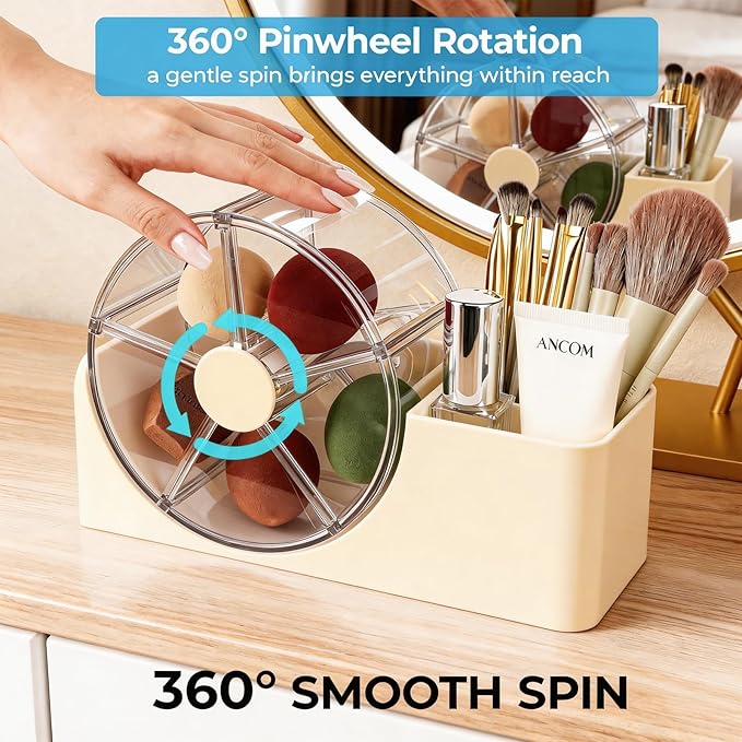 Hair Accessories Organizer for Girls, 2-Slot Hair Brush Holder & 5-Section Rotating Wheel, Cute Makeup Brush Holder for Hair Tile, Clip, Makeup Brush, Earring, Ring, Kids Vanity Accessories (Cream)