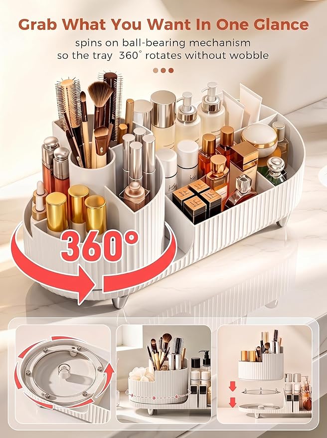 Booklov Rotating Makeup Caddy Organizer for Vanity, Large Capacity Cosmetic Display Case,Countertop Beauty Storage Holder for Skincare, Brush Eyeshadow Lipstick, Counter Desk Organization, White