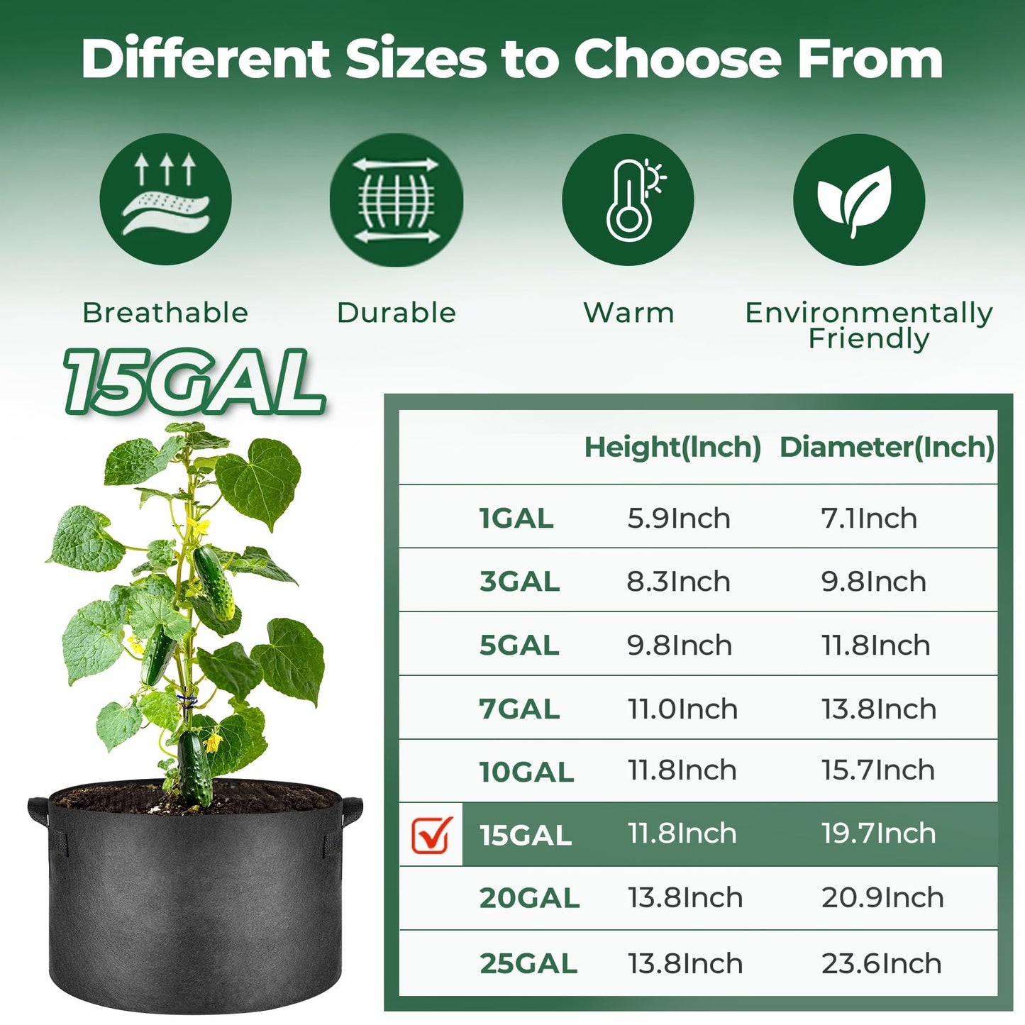 T4U Fabric Plant Grow Bags with Handle 15 Gallon Pack of 5, Heavy Duty Nonwoven Smart Garden Pot Thickened Aeration Nursery Container Black for Outdoor Potato, Tomato, Chili, Carrot and Vegetables