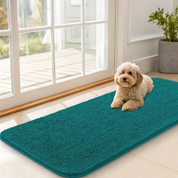 OLANLY Dog Door Mat for Muddy Paws 47x20, Absorbs Moisture and Dirt, Absorbent Non-Slip Washable Doormat, Quick Dry Chenille Mud Mat for Dogs, Entry Indoor Entryway Carpet for Inside Floor, Lake Blue