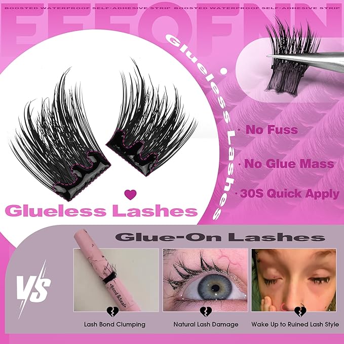 Pre Glued Eyelashes Clusters Wispy Self Adhesive Lash Clusters Press on Lashes Fluffy Self Adhesive Eyelashes Volume Glueless Lashes Clusters Thick Cluster Eyelash Extensions 10-16mm