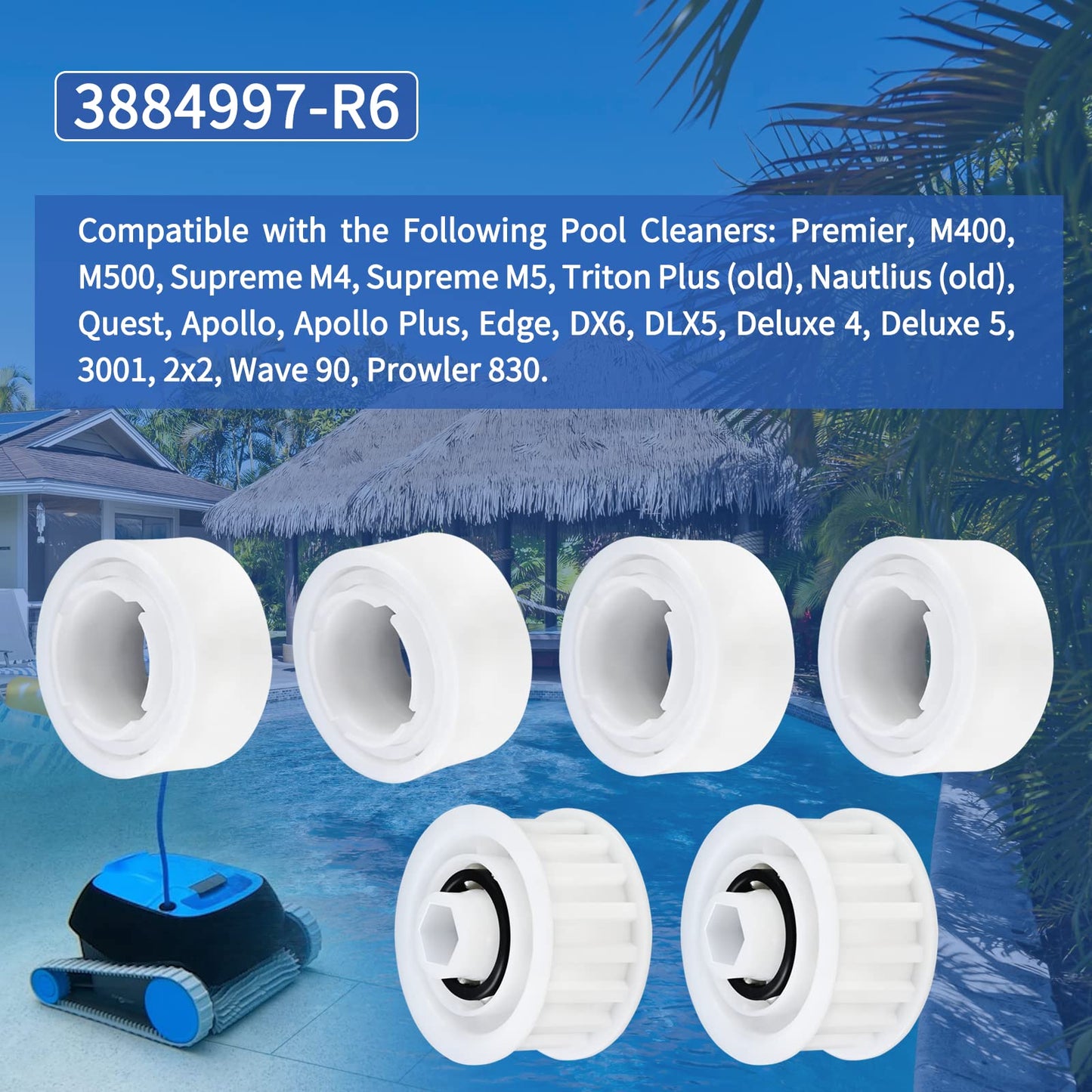 Upgrade 4 Pack Guide Wheels with 2 Pulley Gears, Part Number 3884997-R6, Replacement Compatible with Maytronics Dolphin, Nautilus CC Plus Automatic Robotic Pool Cleaner M200/M400/M500 &Dx3/Dx4/Dx6