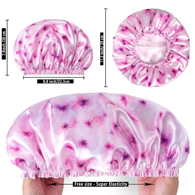 4 PCS Shower Caps for Women, 3D Printing Bath Caps, Double Layers Shower Cap Reusable Waterproof, Bathing Shower Caps, Environmental Protection Hair Bath Hat - Flower B