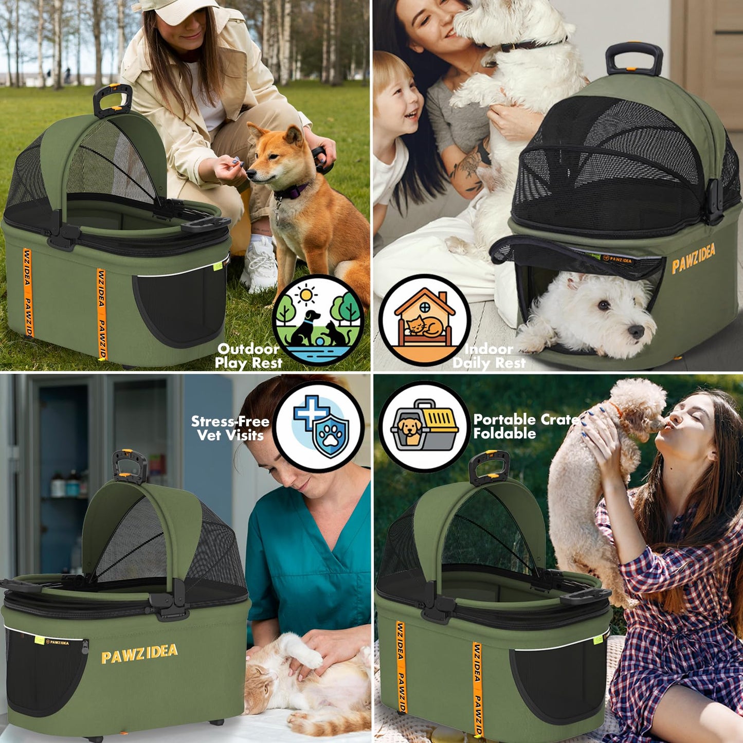 PAWZIDEA Pet Stroller 4 in 1, Foldable Cat Stroller with Detachable Carrier for Small Medium Dogs & Cats, Escape-Proof No-Zip Canopy, Lightweight Portable Travel Crate & Car Seat Combo, Storage Basket