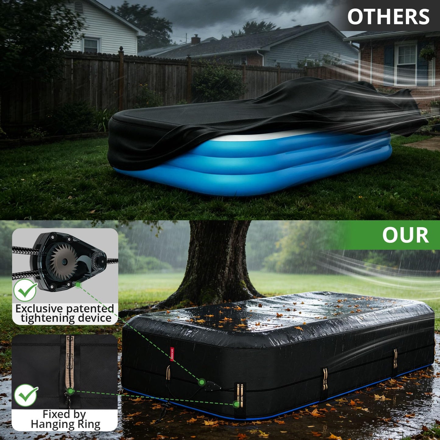 QH.HOME 120"x72" Rectangular Pool Cover for Inflatable Pool,Fits Blow Up Pool Size 10' x 6', Blocks Leaves & Sun, Windproof Snug Fit with Patented Ratchet & Weight Rings to Prevent Slipping