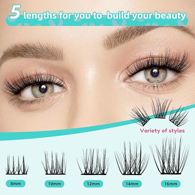 Wispy Lash Clusters Kit 144pcs Lashes Extension Kit 3 Styles Eyelash Clusters Individual Eyelash Extensions Kit Lash Bond And Seal,Remover,Lash Applicator Tool (ASA,C-Mix8-16mm Kit)