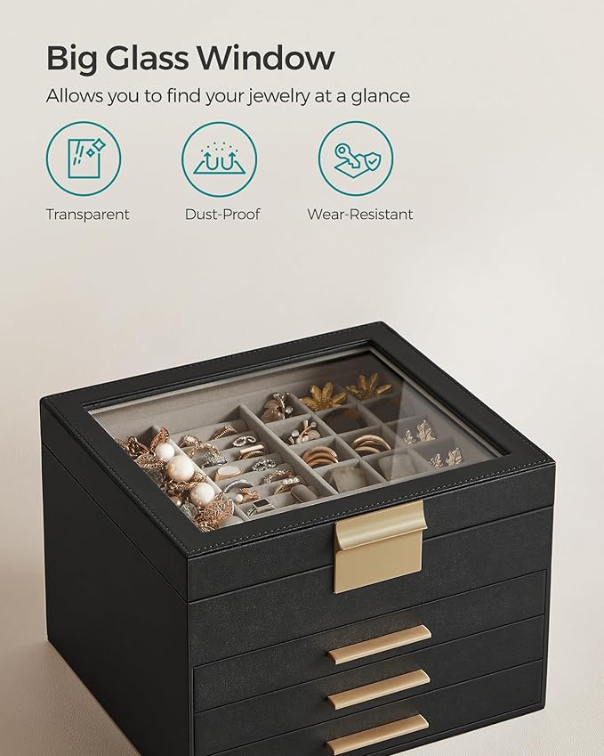 SONGMICS GISELLA Collection - Jewelry Box Organizer, 4-Layer Jewelry Storage with 3 Drawers, Shiny Metal Hardware, Glass Lid, Modern, 8 x 9.1 x 6.5 Inches, Ink Black and Gold Color UJBC173B01