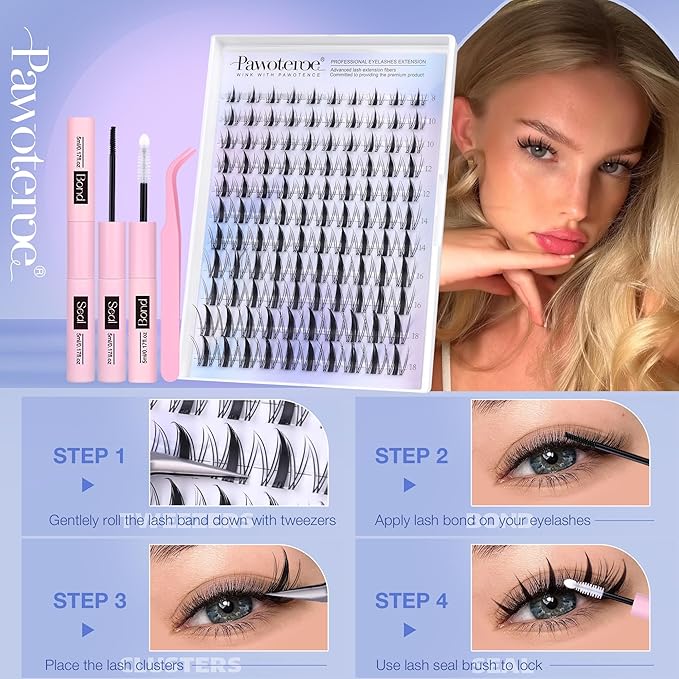 Pawotence Manga Lash Clusters Kit Eyelash Clusters 8-18mm Lash Extension Kit Fairy Individual Lashes Cluster Wispy Lashes Cluster Invisible Band Cluster Eyelash Extensions Kit for Beginners