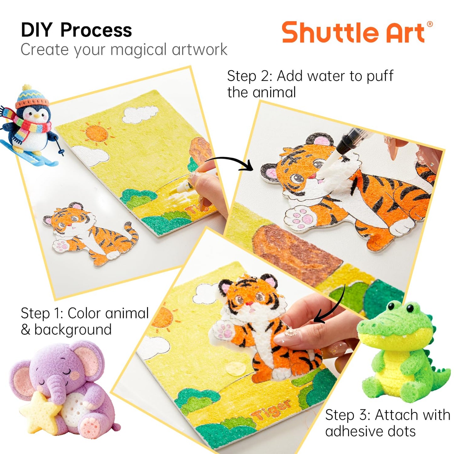 Shuttle Art 63 Pcs Magic Foam Texture Painting Kit – Animal Series: 15 Animal Foam Pieces, Coloring Book with 15 Scenes, 12 Acrylic Paint Markers, Magical 3D Effect DIY Art Craft