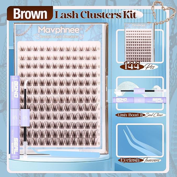 Brown Lash Clusters Kit Fairy Eyelash Clusters Natural Lash Extensions Kit Wispy Cluster Eyelash Extensions 3D Dark Brown Individual Eyelashes with Lash Bond and Seal, Tweezers CC-Curly 8-16MM 144PCS