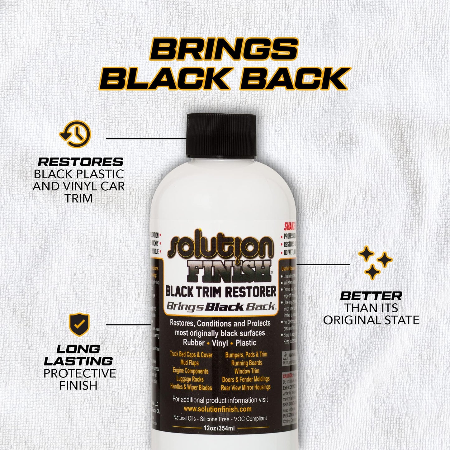 Solution Finish - Black Plastic & Vinyl Trim Restorer - Use for Car and Truck Detailing, No Wet Look, Instantly Revives Color to Trim, Bumpers, Mud Flaps, Etc., Black (12 oz)