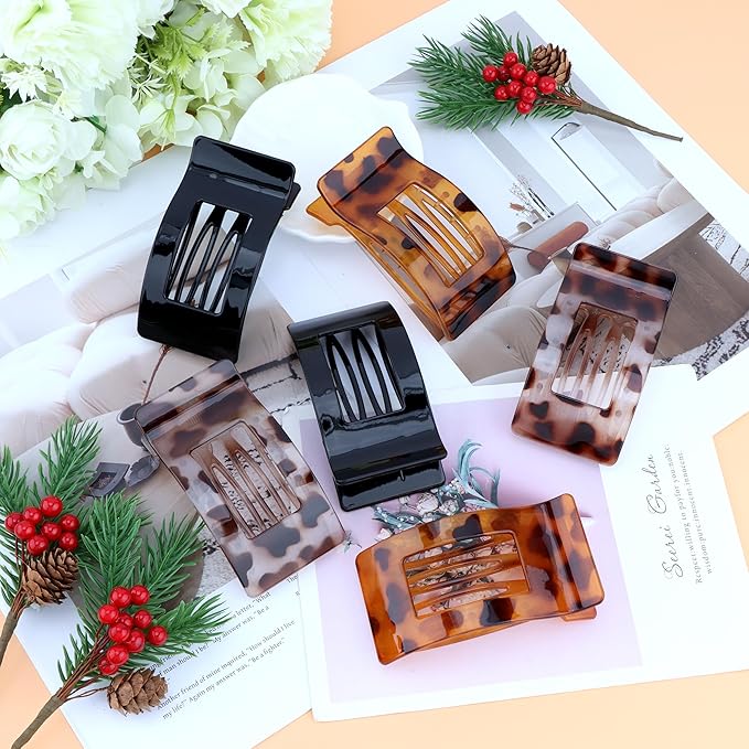 6 Pack Flat Hair Claws Clips for Women, Large Extra Strong & Thick Clips for Thick Fine Hair Styling, Secure Hair Hold Glossy Brown Black