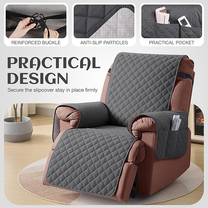 KinCam 100% Waterproof Recliner Chair Cover, Reclining Couch Covers for Pets, Dogs, Recliner Couch Slipcover Furniture Protector with Elastic Straps for Kids(25", Charcoal Gray)