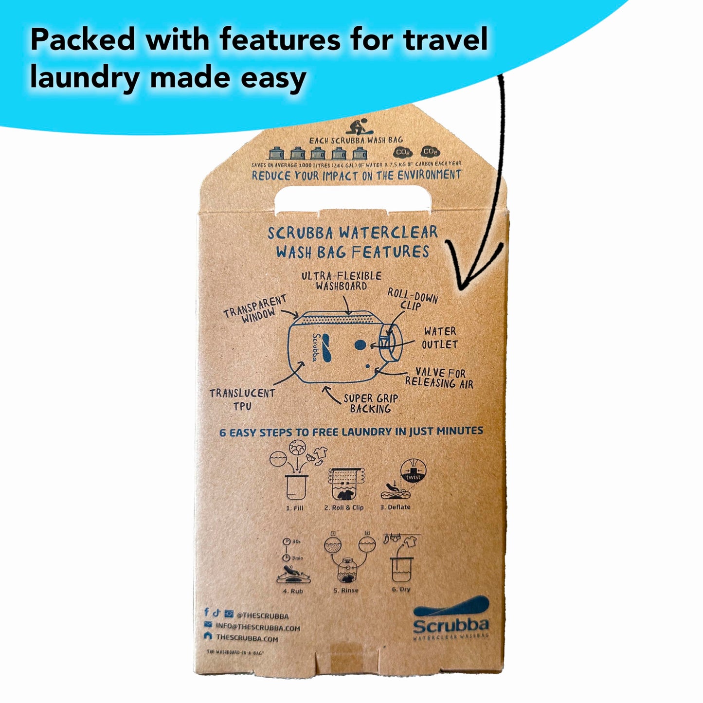 Scrubba Waterclear Wash Bag Portable Washing Machine - New Water Inlet/Outlet for easy rinsing - Manual Portable Washer for Travel, Camping, Laundry, Baby Clothes - Travel Essentials, Gift - 6.9 oz