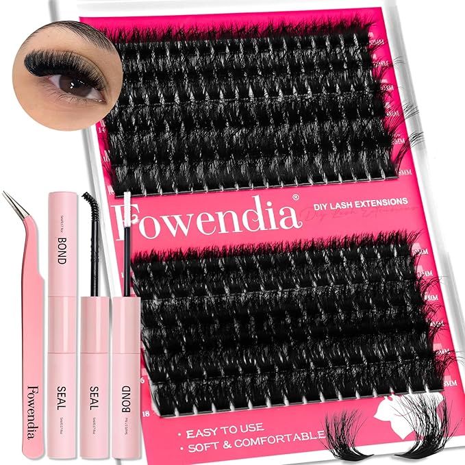 Fowendia Lash Clusters Kit Fluff 80D 100D Individual Lashes D-Curly Cluster Eyelash Extensions 10-18mm DIY Lash Extension Kit Lash Bond and Seal Waterproof, Lash Applicator, Thick False Eyelashes Kit