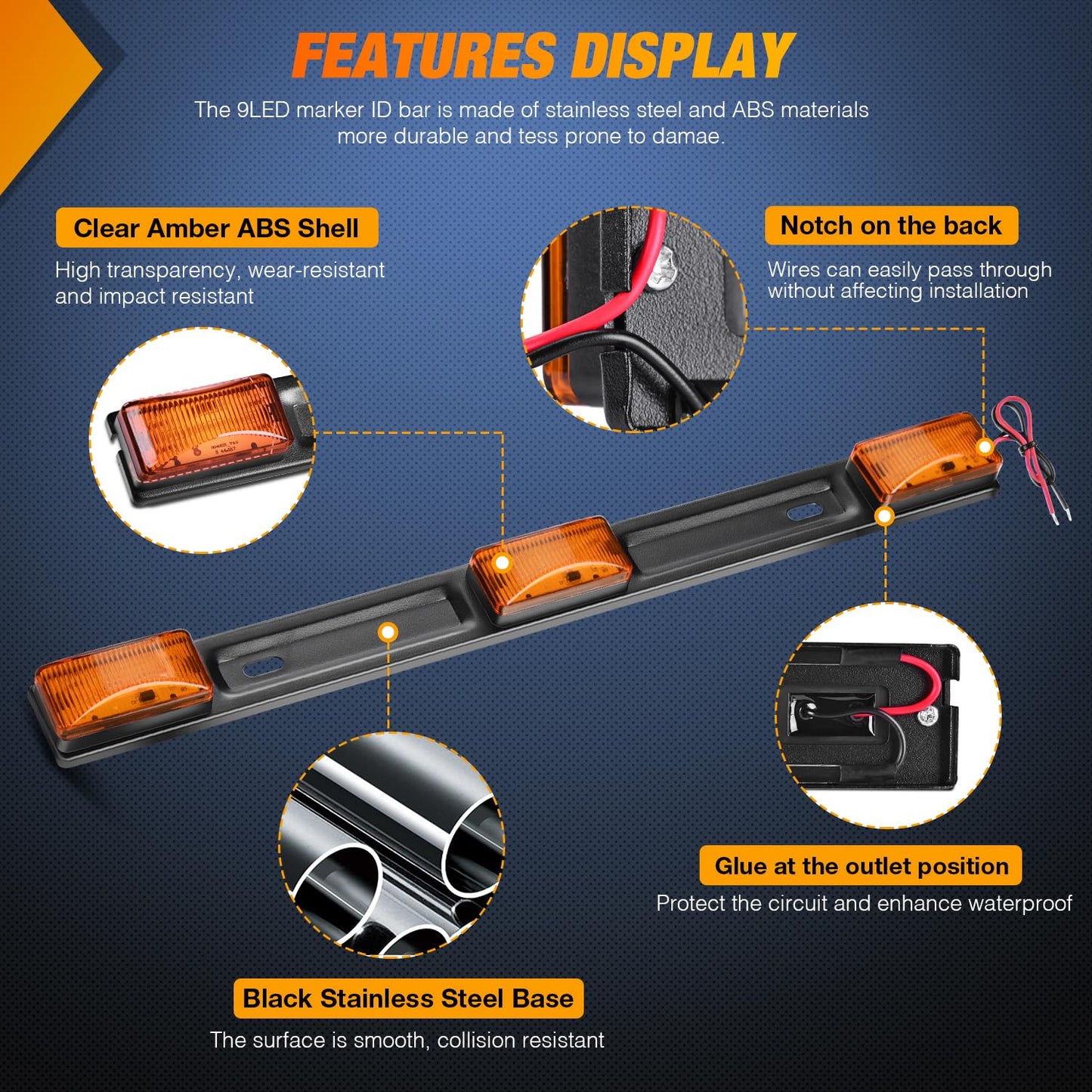 Nilight 9 LED Marker Tail Trailer Light Bar 14.2Inch 2 PCS Amber Clearance Identification Running Mark ID Rear Stainless Steel Bracket for 12V Pickup Truck RV Boat