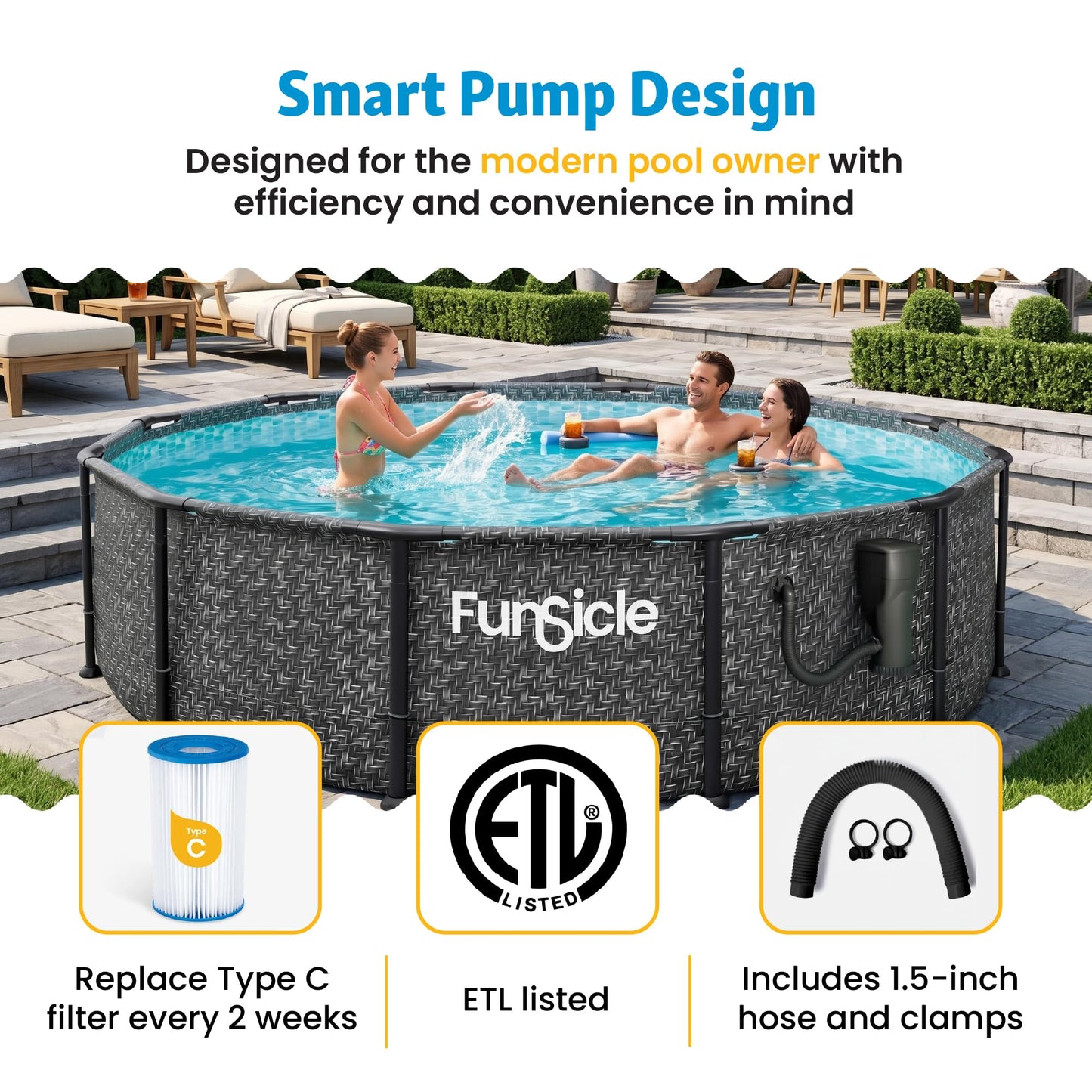 Summer Waves P53FX150K SkimmerPlus 1500 Gallon Above Ground Framed Swimming Pool Water Cleaning Filter Pump System, Black