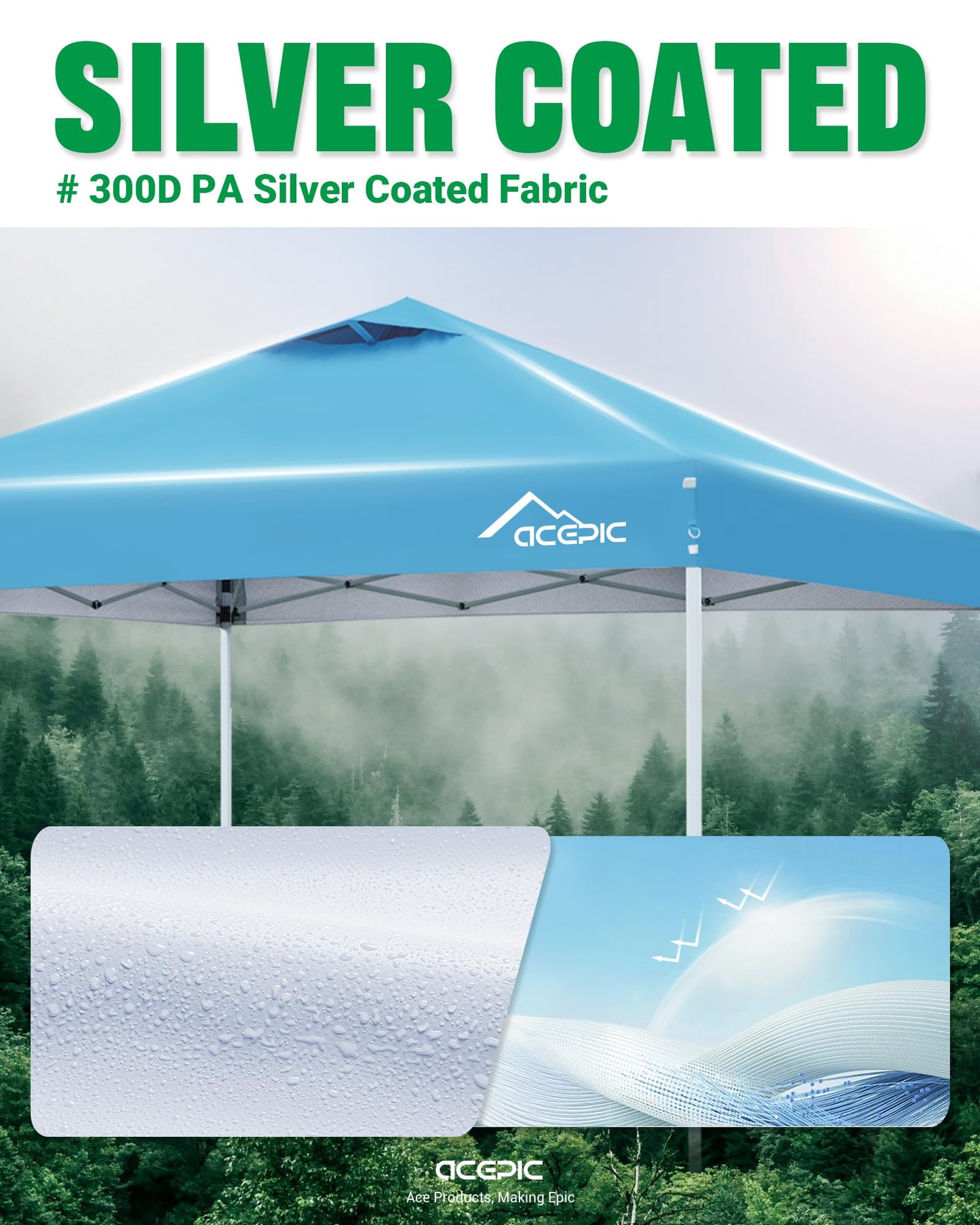 Acepic 10x10 Pop Up Canopy Tent,300D Silver-Coating Top,Pop Up Canopy Tent Instant Portable Shelter with 1-Button Push and Wheel Carry Bag, 8 Stakes and 4 Upgraded Canopy Weights (Serene Blue, 10x10)