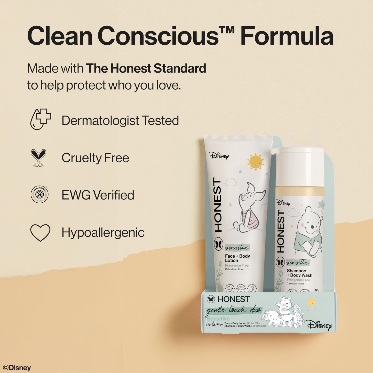 The Honest Company 2-in-1 Cleansing Shampoo and Body Wash, Face Lotion Bundle, Disney Design, Gentle for Baby, Dermatologist Tested, Sensitive Fragrance-Free, 18.5 fl oz