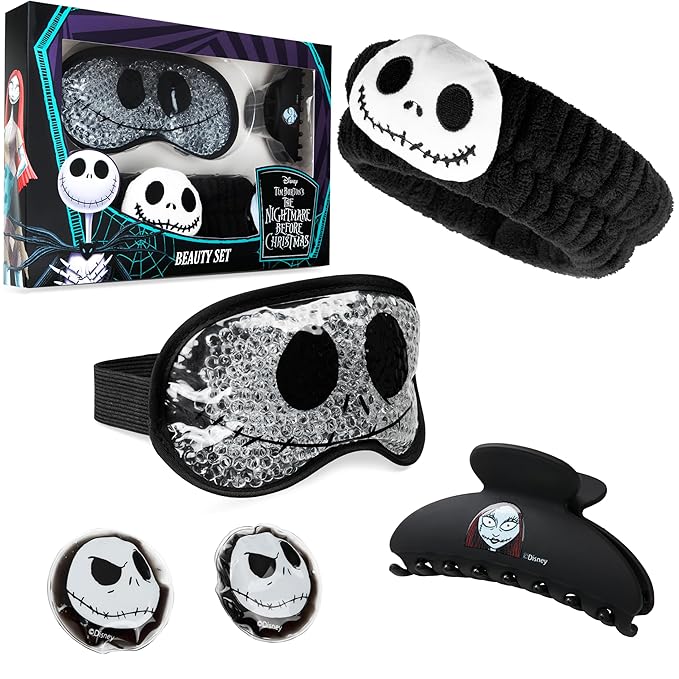 Disney The Nightmare Before Christmas Beauty Accessories Set for Women, Teens with Eye Mask Eye Pads Headband Claw Clip Pampering Gifts for Women, Wife, Girlfriend (Black)