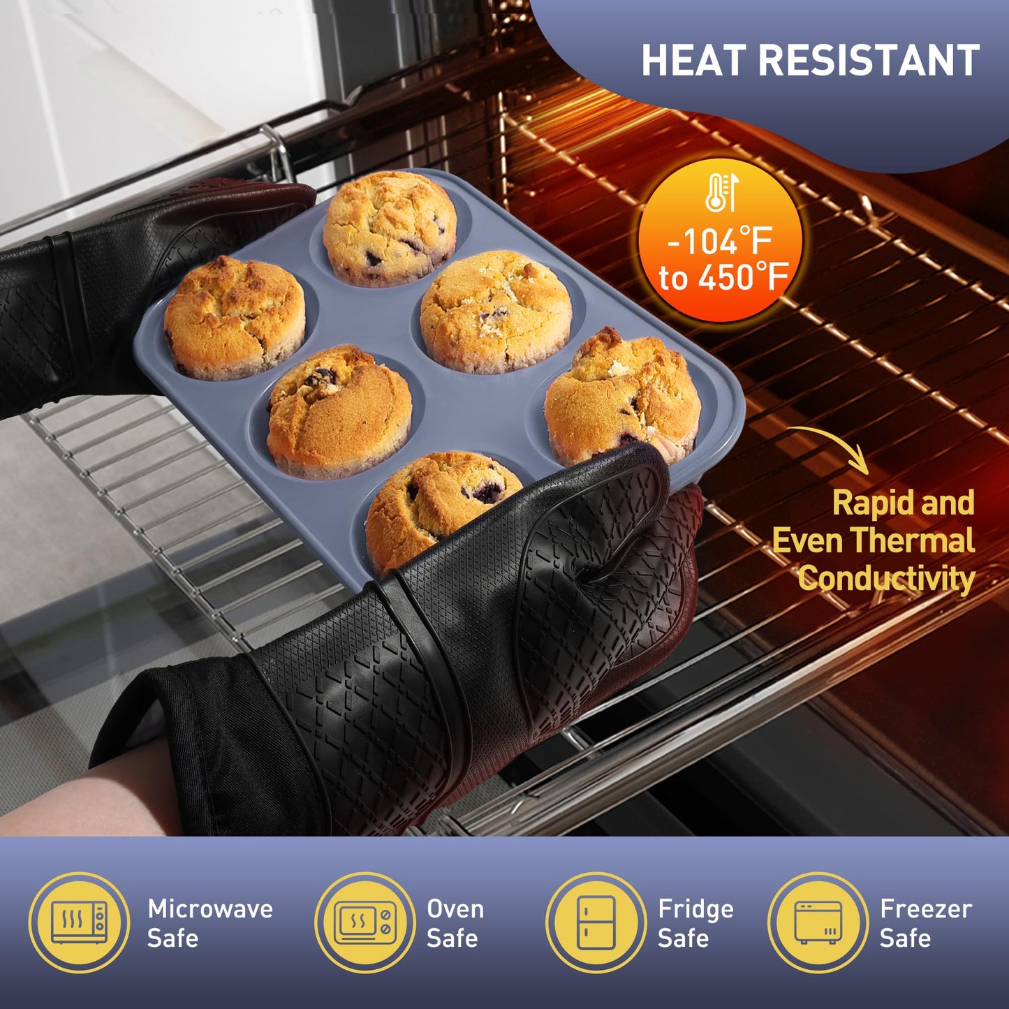 2 Pack 6 Cups Jumbo Muffin Pan with Metal Reinforced Frame Silicone Molds Egg Bites Silicone Circle Cookie Molds Extra Large Muffin Tin Jumbo Tart Pans Baking Sheet Set for Sandwiches