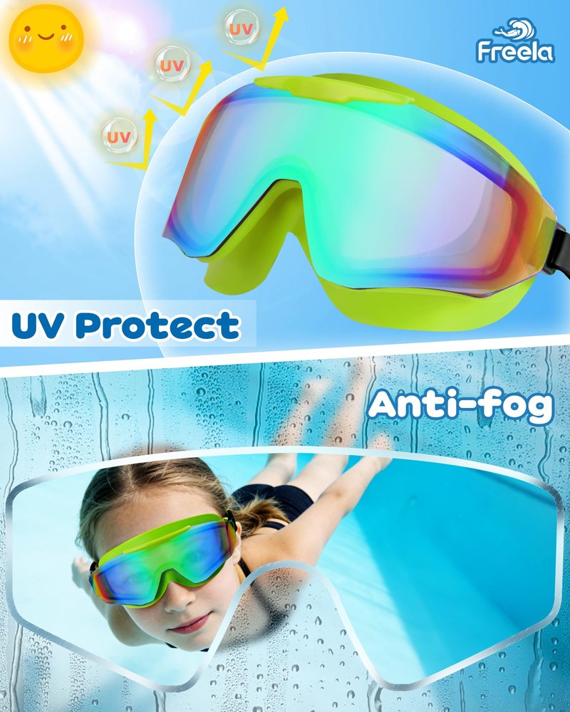 Freela 2 Pack Kids Swim Goggles for 6-14 8-12 8-14 4-7, Water Pool Swimming Goggles Anti-Fog 180° Wide View UV Protection, Soft Silicone Layer Waterproof No Leak Glasses for Youth Boys Girls