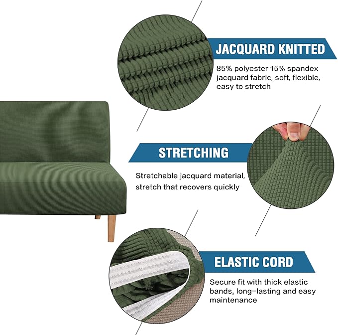 H.VERSAILTEX Armless Futon Cover Stretch Sofa Bed Slipcover Protector Elastic Feature Rich Textured High Spandex Small Checks Jacquard Fabric Futon Cover, Machine Washable, Bronze Green