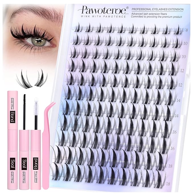 Pawotence Manga Lash Clusters Kit Eyelash Clusters 8-18mm Lash Extension Kit Fairy Individual Lashes Cluster Wispy Lashes Cluster Invisible Band Cluster Eyelash Extensions Kit for Beginners