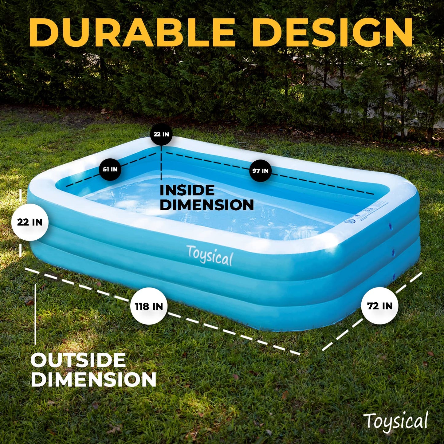 Toysical Inflatable Pool for Kids and Adults with Pump - 118 x 72 x 22 - More Durable Than Other Blow up Pools for Adults - Includes Patches