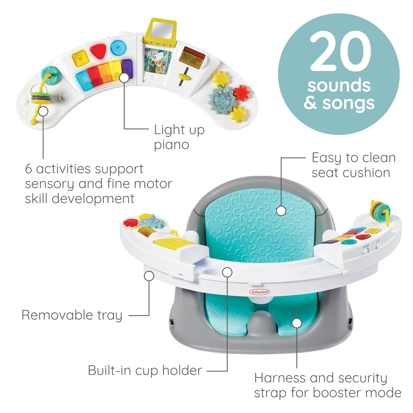 Infantino Music & Lights 3-in-1 Discovery Seat & Booster, Interactive Toddler Seat for Dining Table or Kitchen Chair, Baby Activity Center & Snack Tray, 20 Sounds & Songs, Lightweight Baby Essentials
