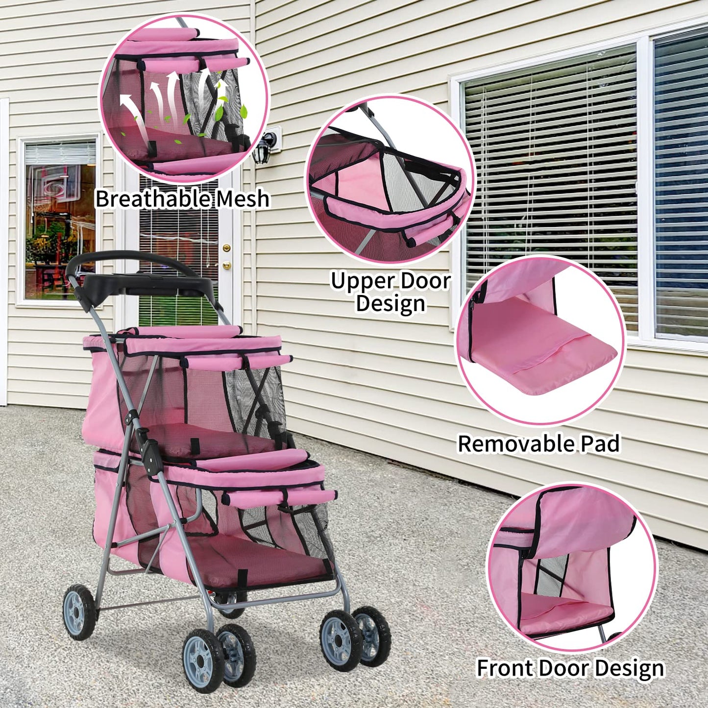 Dog Stroller 4 Wheels Cat Stroller Double Layer Pet Strollers Pet Carriers Jogger Strollers for Medium Dogs Cats Travel Camping Strolling Cart with Cup Holder Removable Liner, Pink