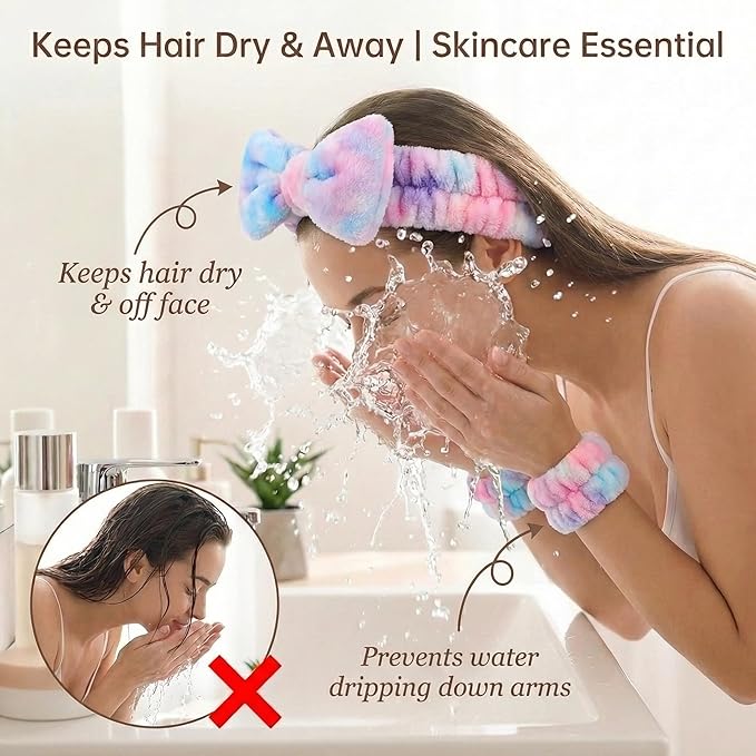 8 Pcs Spa Headband and Wristbands Set for Washing Face, Soft Face Wash Headbands Wrist Bands for Women with Scrunchies, Absorbent Wrist Towels, Makeup Hairband for Skincare, Yoga, and Teen Girls Gifts