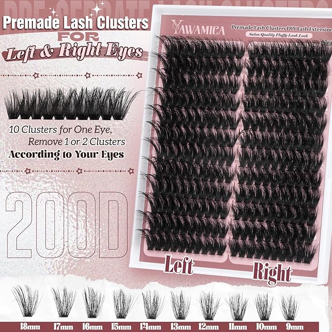 Yawamica Fluffier Lash Clusters Premade Cluster Eyelash Extensions Wispy Cat Eye Lash Clusters 200D Volume 9-18mm Individual Lashes Left Right Cluster Lashes 240pcs DIY Lash Extension by Self