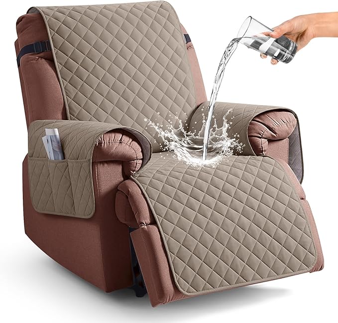 KinCam 100% Waterproof Recliner Chair Cover, Reclining Couch Covers for Pets, Dogs, Recliner Couch Slipcover Furniture Protector with Elastic Straps for Kids(23.6", Taupe)
