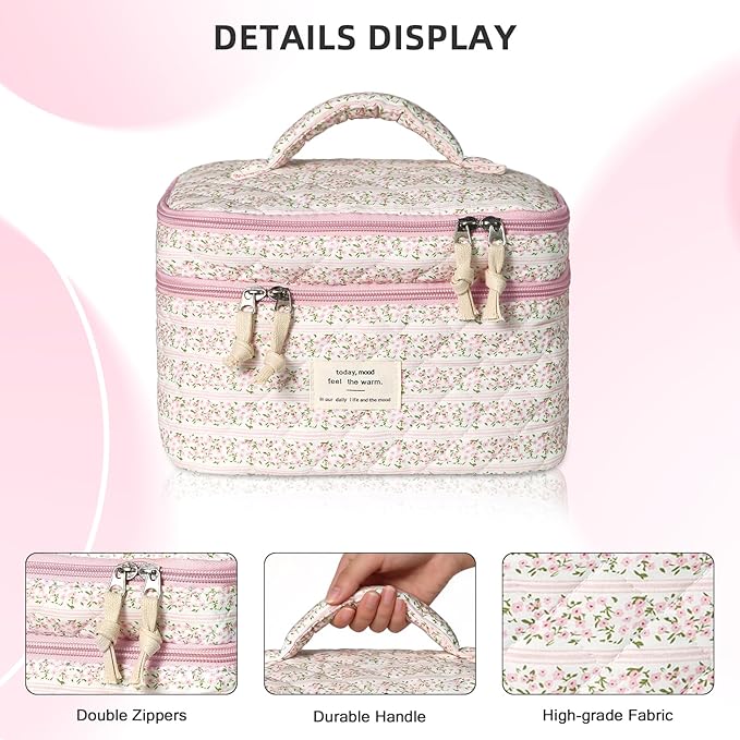 Makeup Bag, Portable Travel Make up Bag, Large Capacity Quilted Cosmetic Organizer Bag, Cute Floral Toiletry Bag for Women Girls (Pink Flower)