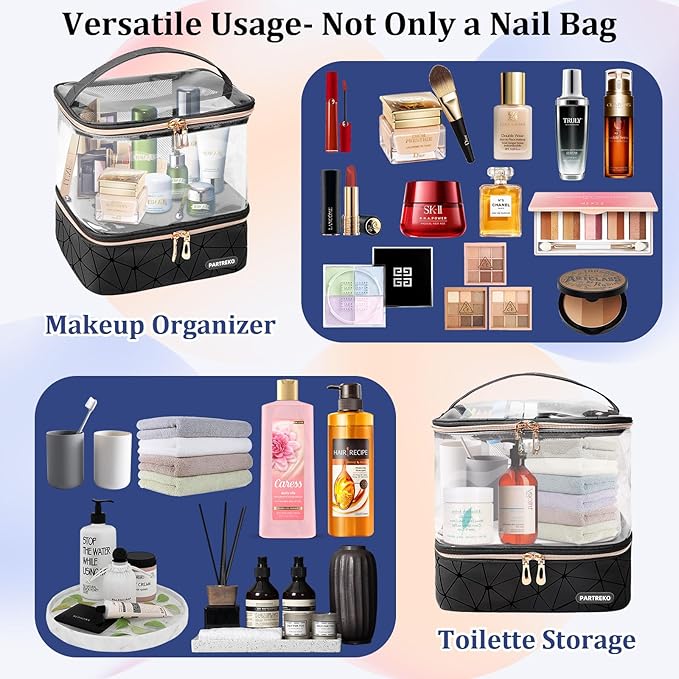 Clear Nail Polish Organizer Holds 60 Bottles (15ml/0.5fl.oz)& Nail Lamp, Double Layer Nail Supplies Organizer Case Transparent, PU Leather Nail kit Storage Bag for Manicure Tools (Black)