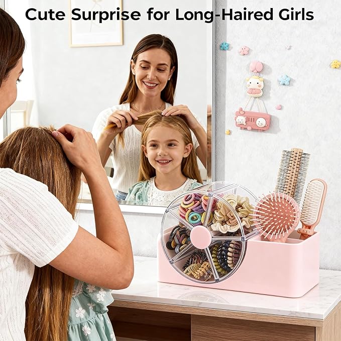 Hair Accessories Organizer for Girls, 2-Slot Hair Brush Holder & 5-Section Rotating Wheel, Cute Makeup Brush Holder for Hair Tile, Clip, Makeup Brush, Earring, Ring, Kids Vanity Accessories (Pink)