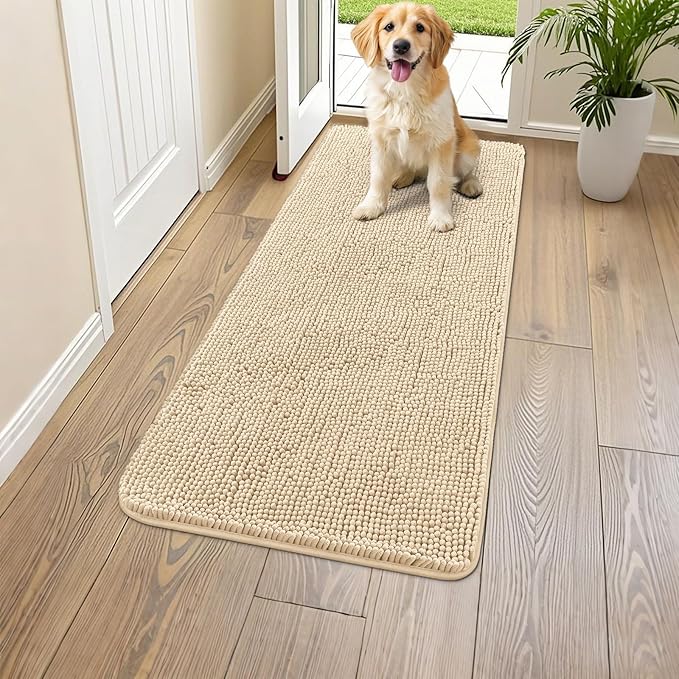 Smiry Dog Door Mat for Muddy Paws 54x24, Absorbs Moisture and Dirt Doormat, Non-Slip Washable Quick Dry Chenille Front Door Mat Indoor Entrance, Entryway Carpet for Inside Floor, Beige