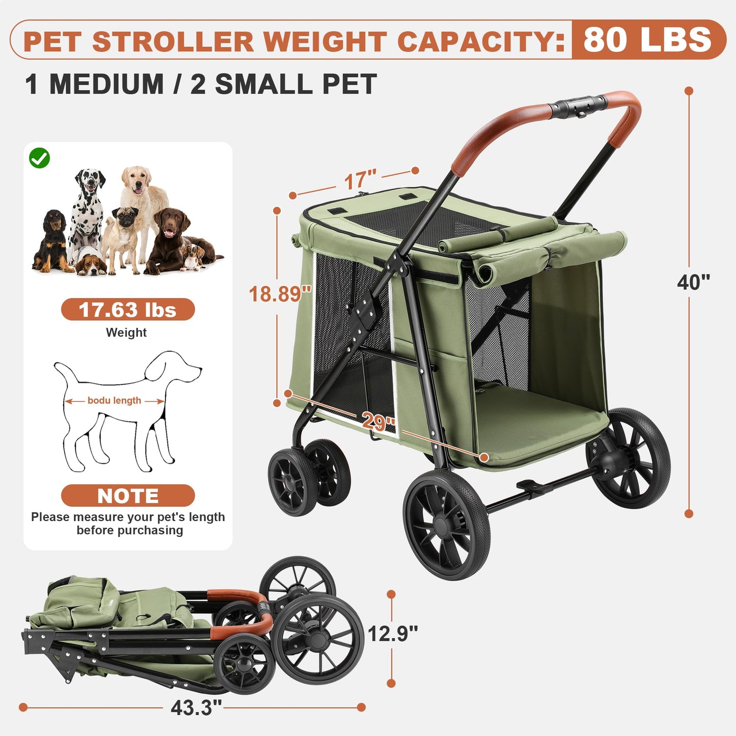 AOPEC Medium Dog Stroller, Dual Entry One-Touch Folding,Small and Medium Pet Stroller,360° Rotating Front Wheels,80 lbs Weight Capacity for Outdoor Travel and Elderly Dogs - Green