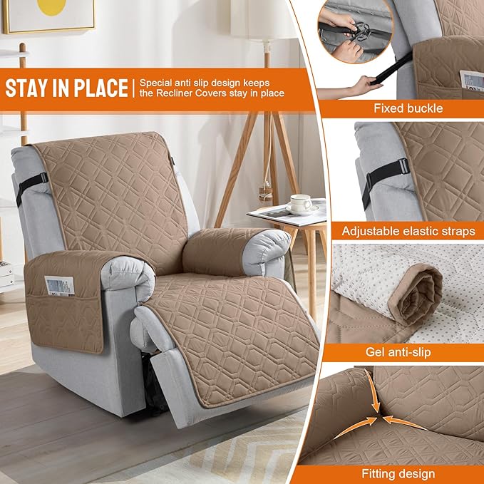 VANSOFY 100% Waterproof Recliner Chair Covers, Recliner Cover Non-Slip Dog Chair Cover Furniture Protector Washable Slipcover with Pocket, Elastic Straps for Pets, Dogs(Light Brown, 20")