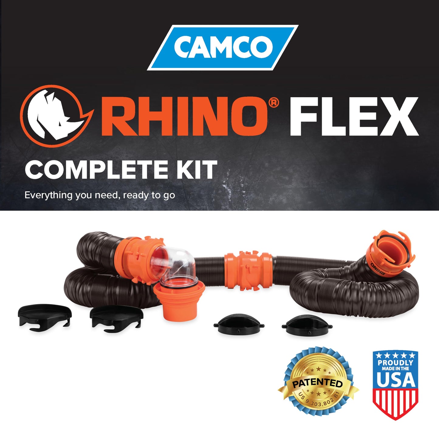 Camco RhinoFLEX 20-Ft RV Sewer Hose Kit - Features Clear Elbow Fitting w/Removable 4-in-1 Adapter - Connects to 3” Slip or 3”/3.5”/4” NPT Threaded Sewer Connection (39742)