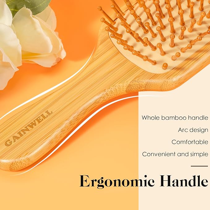 GAINWELL Bamboo Hair Brush for Hair Growth, Natural Bamboo Bristles Detangling Square Wooden Paddle Hairbrush for Massaging Scalp, for Women Men and Kids, for All Hair Types, with Ergonomic Handle